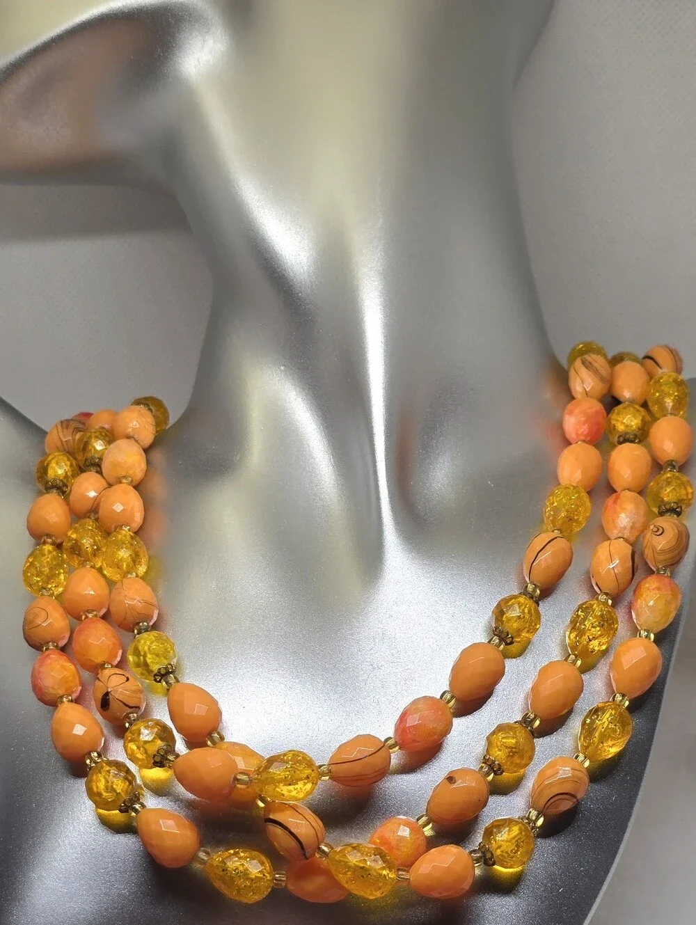 West Germany Vintage Peach  Acrylic Faceted Bead Signed 3 Strand Necklace MC